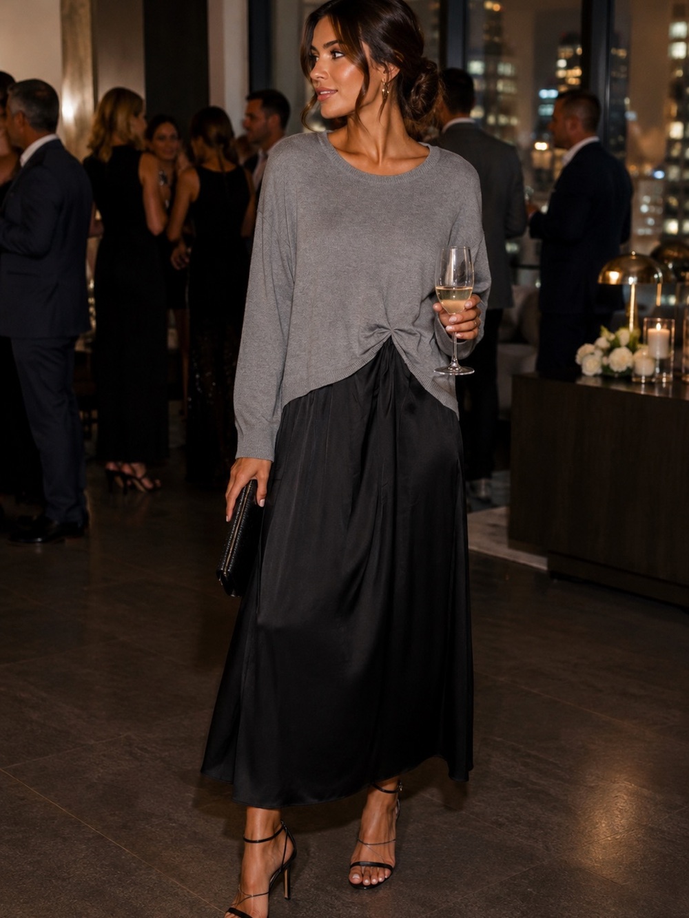 Ellen Tracy Black Satin Maxi Skirt with attached sweater nwt